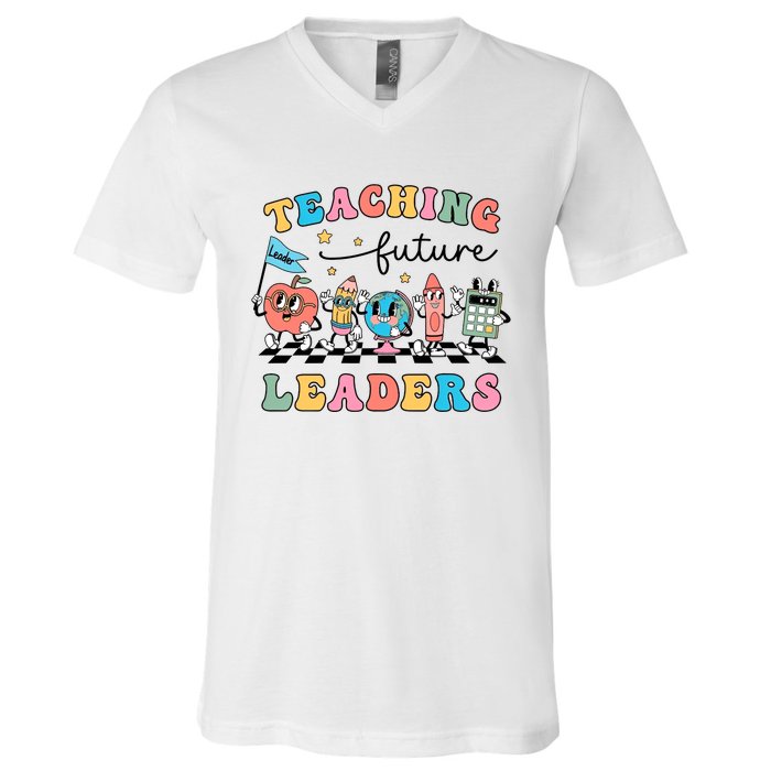 Teaching Future Leaders Back To School Kindergarten Teacher Groovy V-Neck T-Shirt