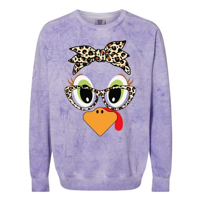 Turkey Face Leopard Headband Glasses Thanksgiving Women Gift Colorblast Crewneck Sweatshirt