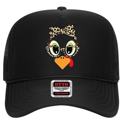 Turkey Face Leopard Headband Glasses Thanksgiving Women Gift High Crown Mesh Back Trucker Hat