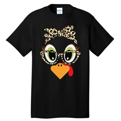 Turkey Face Leopard Headband Glasses Thanksgiving Women Gift Tall T-Shirt