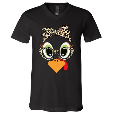 Turkey Face Leopard Headband Glasses Thanksgiving Women Gift V-Neck T-Shirt