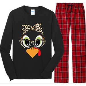 Turkey Face Leopard Headband Glasses Thanksgiving Women Gift Long Sleeve Pajama Set