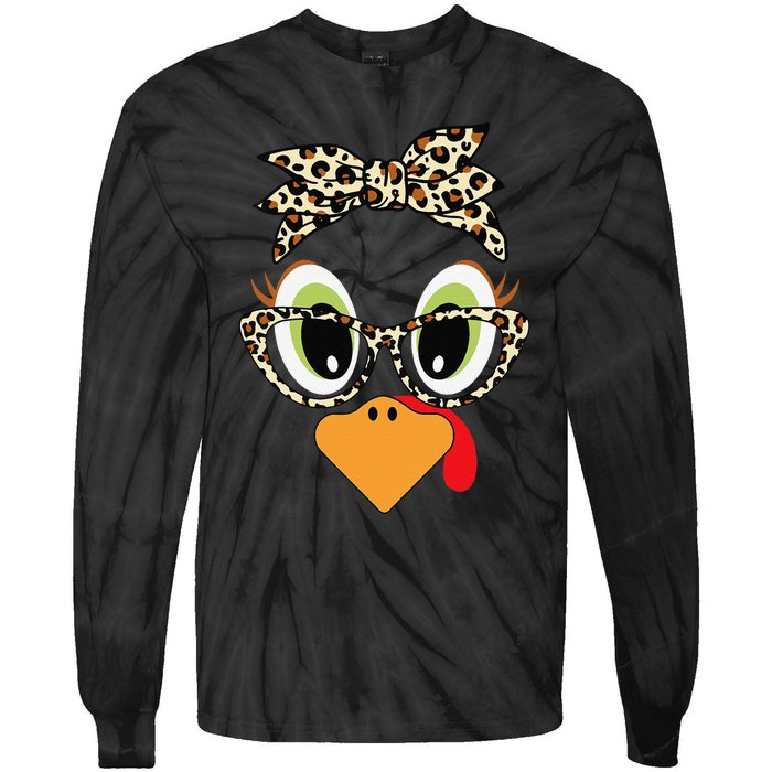 Turkey Face Leopard Headband Glasses Thanksgiving Women Gift Tie-Dye Long Sleeve Shirt