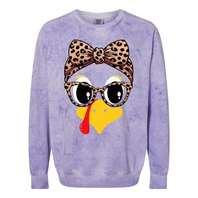 Turkey Face Leopard Print Glasses and Headband Thanksgiving Colorblast Crewneck Sweatshirt