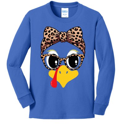 Turkey Face Leopard Print Glasses and Headband Thanksgiving Kids Long Sleeve Shirt