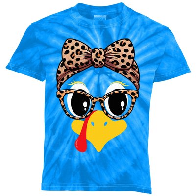 Turkey Face Leopard Print Glasses and Headband Thanksgiving Kids Tie-Dye T-Shirt