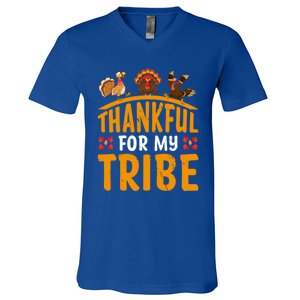 Thankful For My Tribe Thanksgiving Turkey Day Family Lover Gift V-Neck T-Shirt