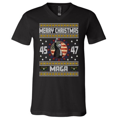 Trump Fight Maga Ugly Christmas V-Neck T-Shirt