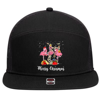 Three Flamingos Merry Christmas 7 Panel Mesh Trucker Snapback Hat