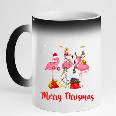 Three Flamingos Merry Christmas 11oz Black Color Changing Mug