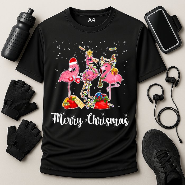 Three Flamingos Merry Christmas Cooling Performance Crew T-Shirt
