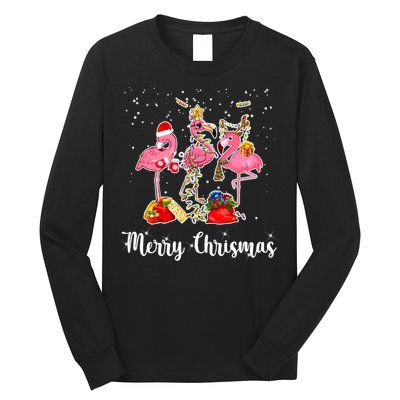 Three Flamingos Merry Christmas Long Sleeve Shirt