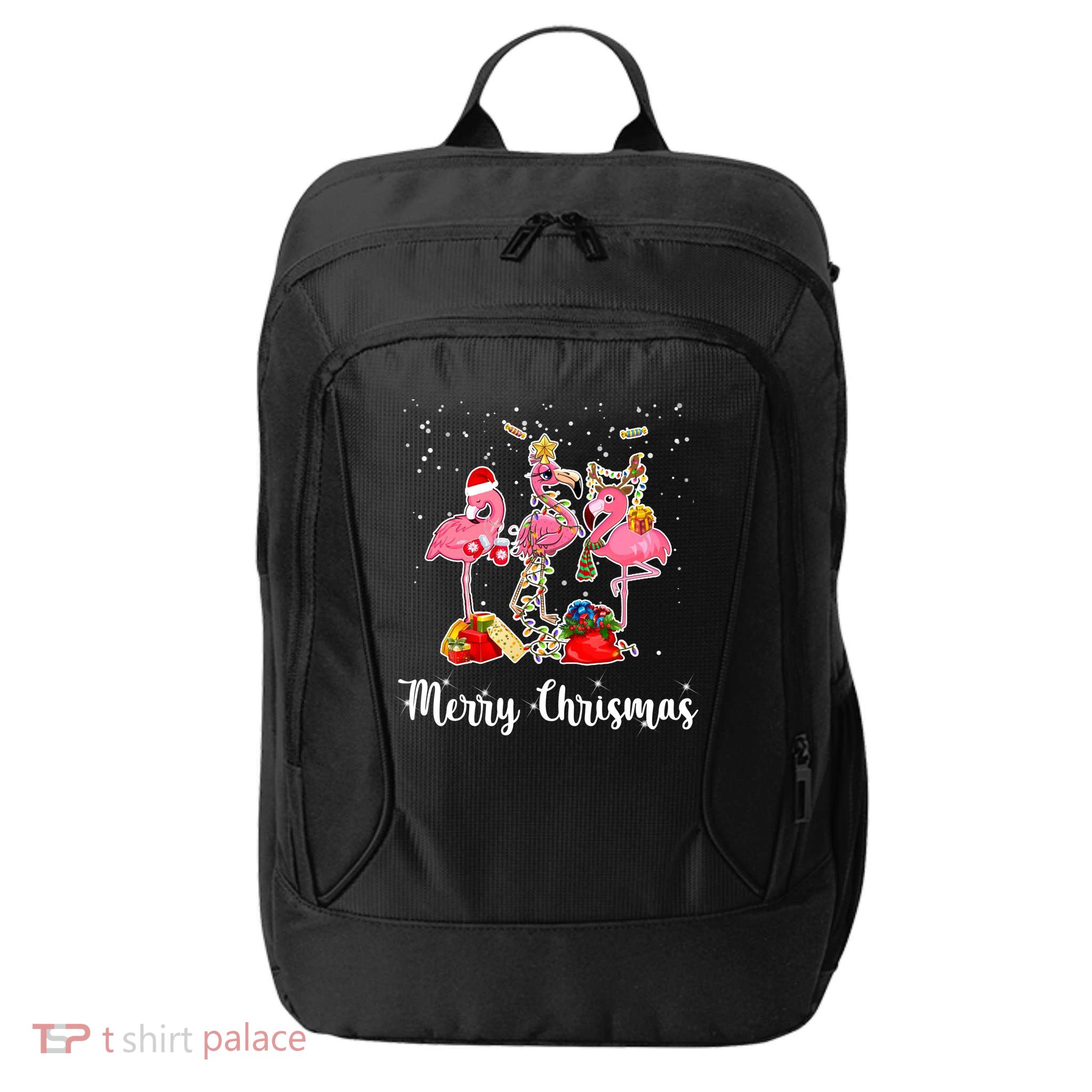Three Flamingos Merry Christmas City Backpack