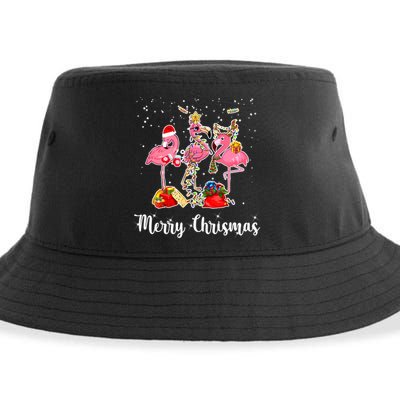 Three Flamingos Merry Christmas Sustainable Bucket Hat