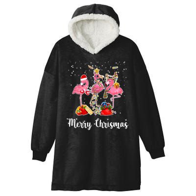 Three Flamingos Merry Christmas Hooded Wearable Blanket