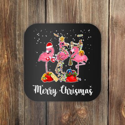 Three Flamingos Merry Christmas Coaster