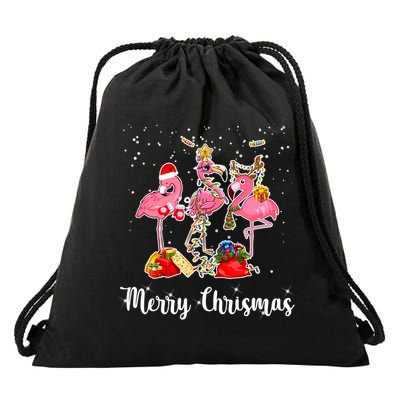 Three Flamingos Merry Christmas Drawstring Bag