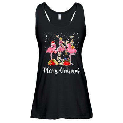 Three Flamingos Merry Christmas Ladies Essential Flowy Tank