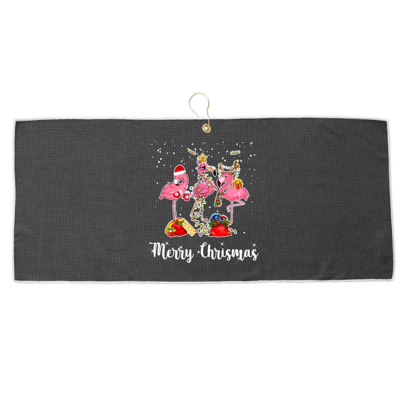 Three Flamingos Merry Christmas Large Microfiber Waffle Golf Towel
