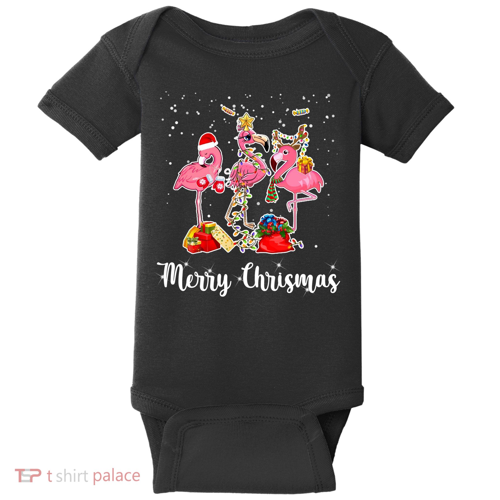 Three Flamingos Merry Christmas Baby Bodysuit