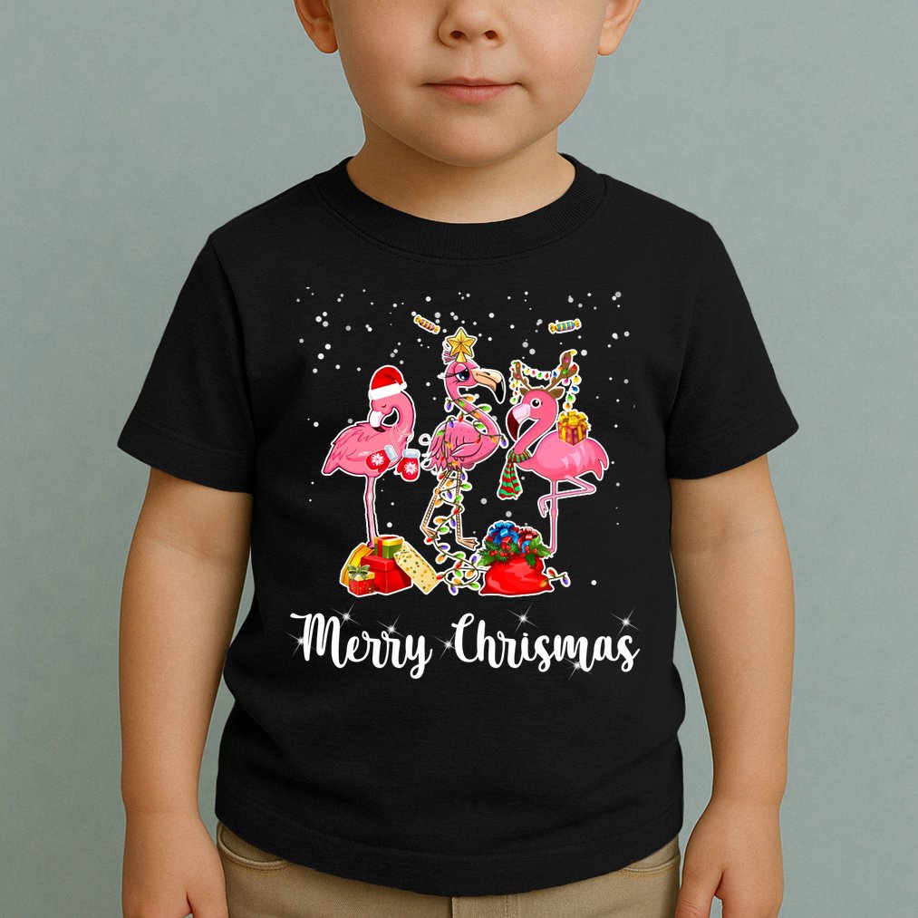 Three Flamingos Merry Christmas Toddler T-Shirt