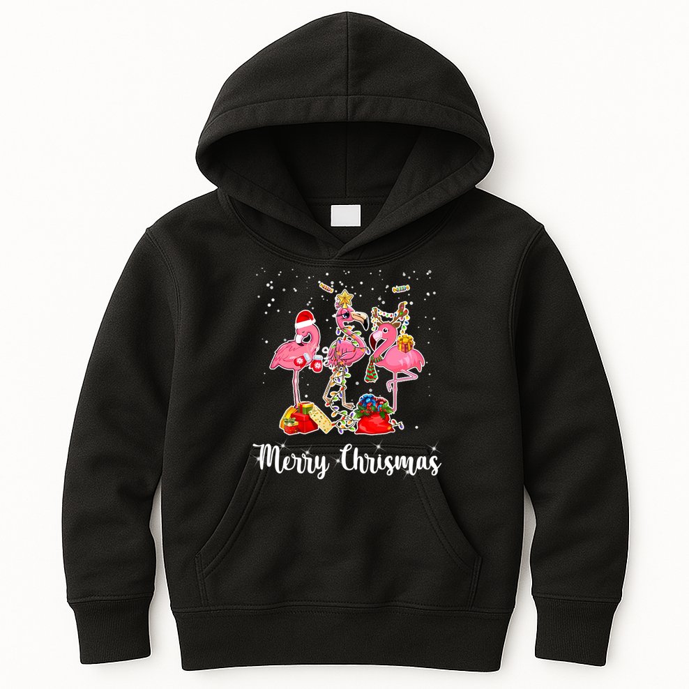Three Flamingos Merry Christmas Kids Hoodie