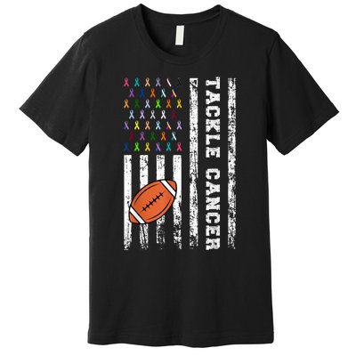 Tackle Football Multicolor Ribbons All Cancer Awareness Premium T-Shirt