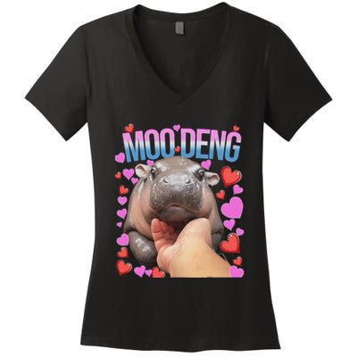 The Famous Moo Deng Pygmy Baby Hippo Moo Deng Cute Moodeng Women's V-Neck T-Shirt