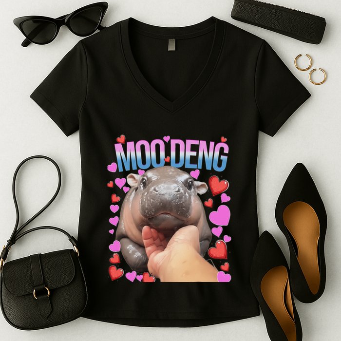 The Famous Moo Deng Pygmy Baby Hippo Moo Deng Cute Moodeng Women's V-Neck T-Shirt