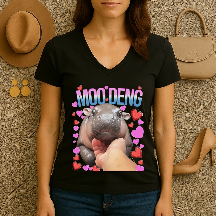The Famous Moo Deng Pygmy Baby Hippo Moo Deng Cute Moodeng Women's V-Neck T-Shirt