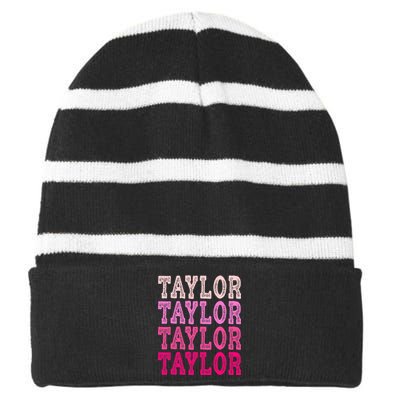 T.aylor First Named Boy Girl Baby Birthday Striped Beanie with Solid Band