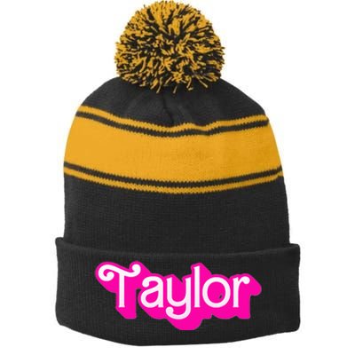 Taylor First Named Baby Birthday Stripe Pom Pom Beanie