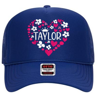 Taylor First Name I Love Taylor Groovy 80S Pink White High Crown Mesh Back Trucker Hat