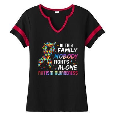 This Family Nobody Fight Alone Puzzle Piece Autism Awareness Gift Ladies Halftime Notch Neck Tee