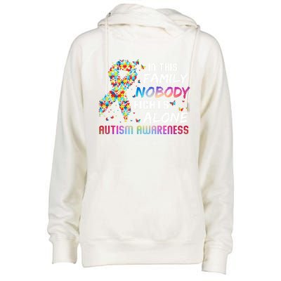 This Family Nobody Fight Alone Puzzle Piece Autism Awareness Gift Womens Funnel Neck Pullover Hood