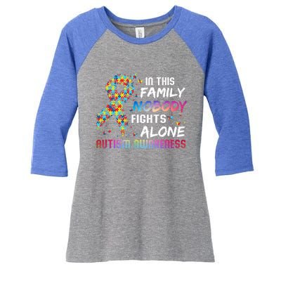 This Family Nobody Fight Alone Puzzle Piece Autism Awareness Gift Women's Tri-Blend 3/4-Sleeve Raglan Shirt