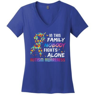 This Family Nobody Fight Alone Puzzle Piece Autism Awareness Gift Women's V-Neck T-Shirt