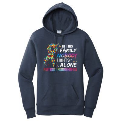 This Family Nobody Fight Alone Puzzle Piece Autism Awareness Gift Women's Pullover Hoodie