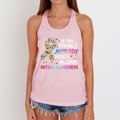 This Family Nobody Fight Alone Puzzle Piece Autism Awareness Gift Women's Knotted Racerback Tank