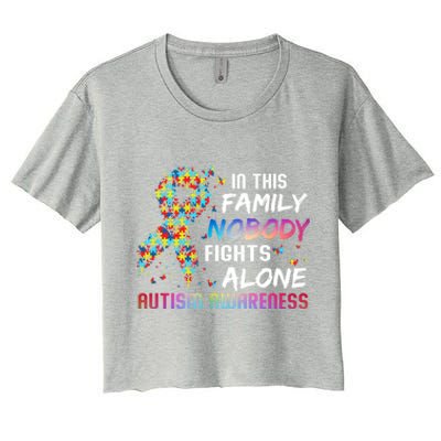 This Family Nobody Fight Alone Puzzle Piece Autism Awareness Gift Women's Crop Top Tee