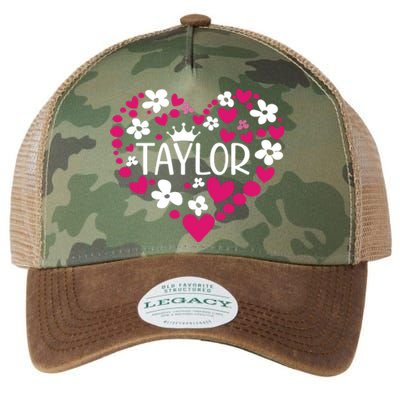 Taylor First Name I Love Taylor Girl Groovy 80s Pink White Legacy Tie Dye Trucker Hat