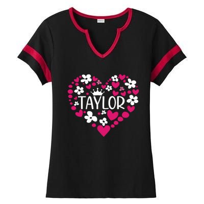 Taylor First Name I Love Taylor Girl Groovy 80s Pink White Ladies Halftime Notch Neck Tee