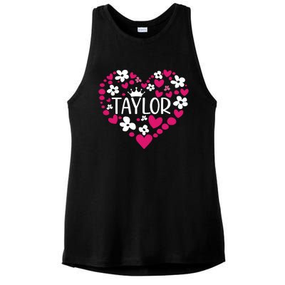 Taylor First Name I Love Taylor Girl Groovy 80s Pink White Ladies PosiCharge Tri-Blend Wicking Tank