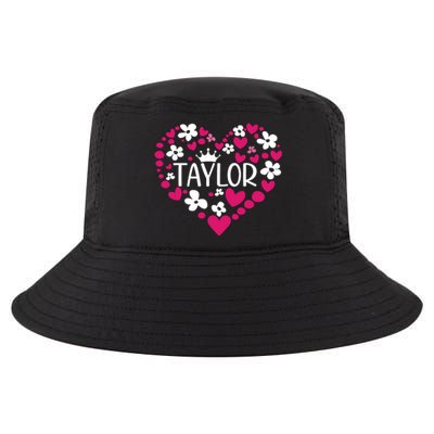 Taylor First Name I Love Taylor Girl Groovy 80s Pink White Cool Comfort Performance Bucket Hat