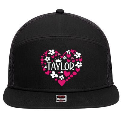 Taylor First Name I Love Taylor Girl Groovy 80s Pink White 7 Panel Mesh Trucker Snapback Hat