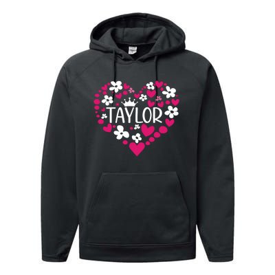 Taylor First Name I Love Taylor Girl Groovy 80s Pink White Performance Fleece Hoodie