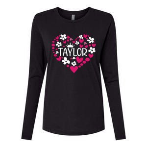 Taylor First Name I Love Taylor Girl Groovy 80s Pink White Womens Cotton Relaxed Long Sleeve T-Shirt