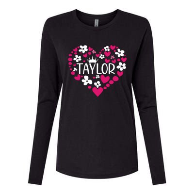 Taylor First Name I Love Taylor Girl Groovy 80s Pink White Womens Cotton Relaxed Long Sleeve T-Shirt