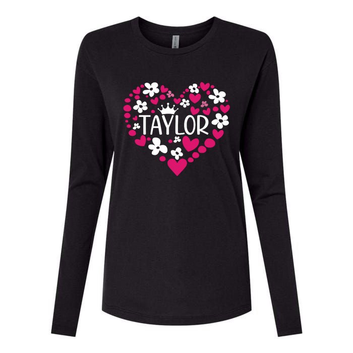 Taylor First Name I Love Taylor Girl Groovy 80s Pink White Womens Cotton Relaxed Long Sleeve T-Shirt