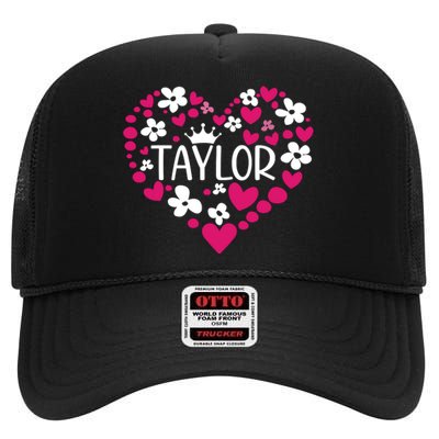 Taylor First Name I Love Taylor Girl Groovy 80s Pink White High Crown Mesh Back Trucker Hat